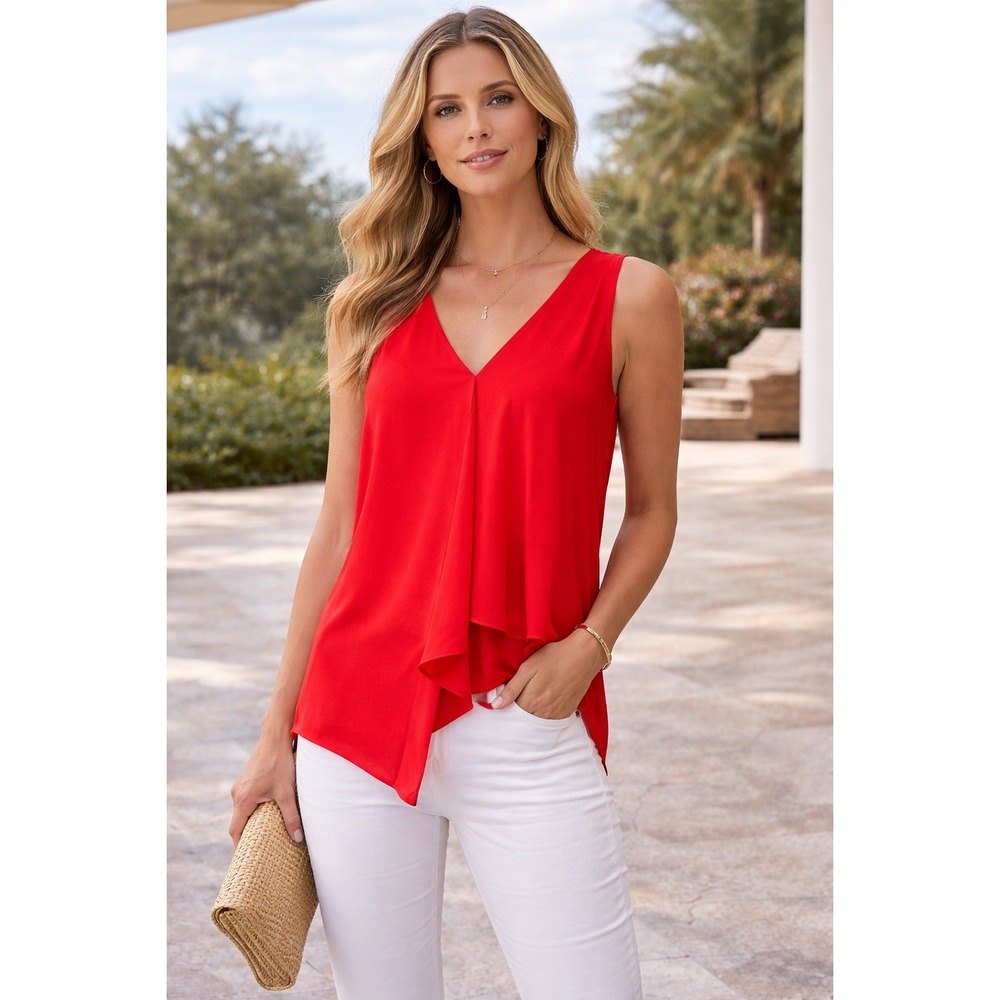 BCBGMAXAZRIA Red Sleeveless V-Neck Draped High Low Blouse Top Womens Size Medium